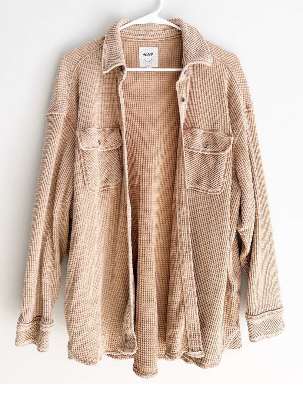 Aerie lumberjane waffle knit button up shirt tan size small